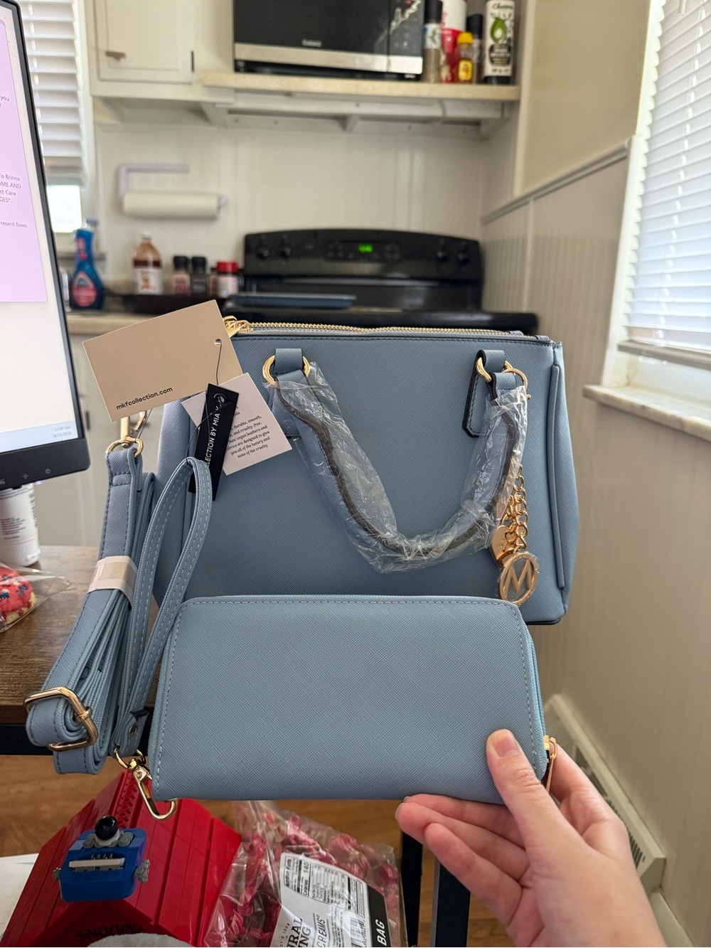 Blue Satchel Handbag with Matching Wristlet